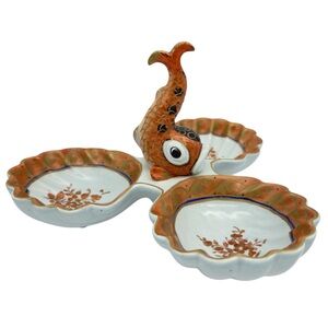 Italian Porcelain Koi Fish Figural Handle Triple Divided Shell Dish MCM Italy